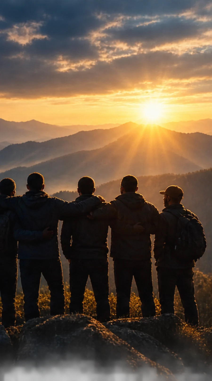 Five men standing shoulder to shoulder before a sunrise over the mountains.